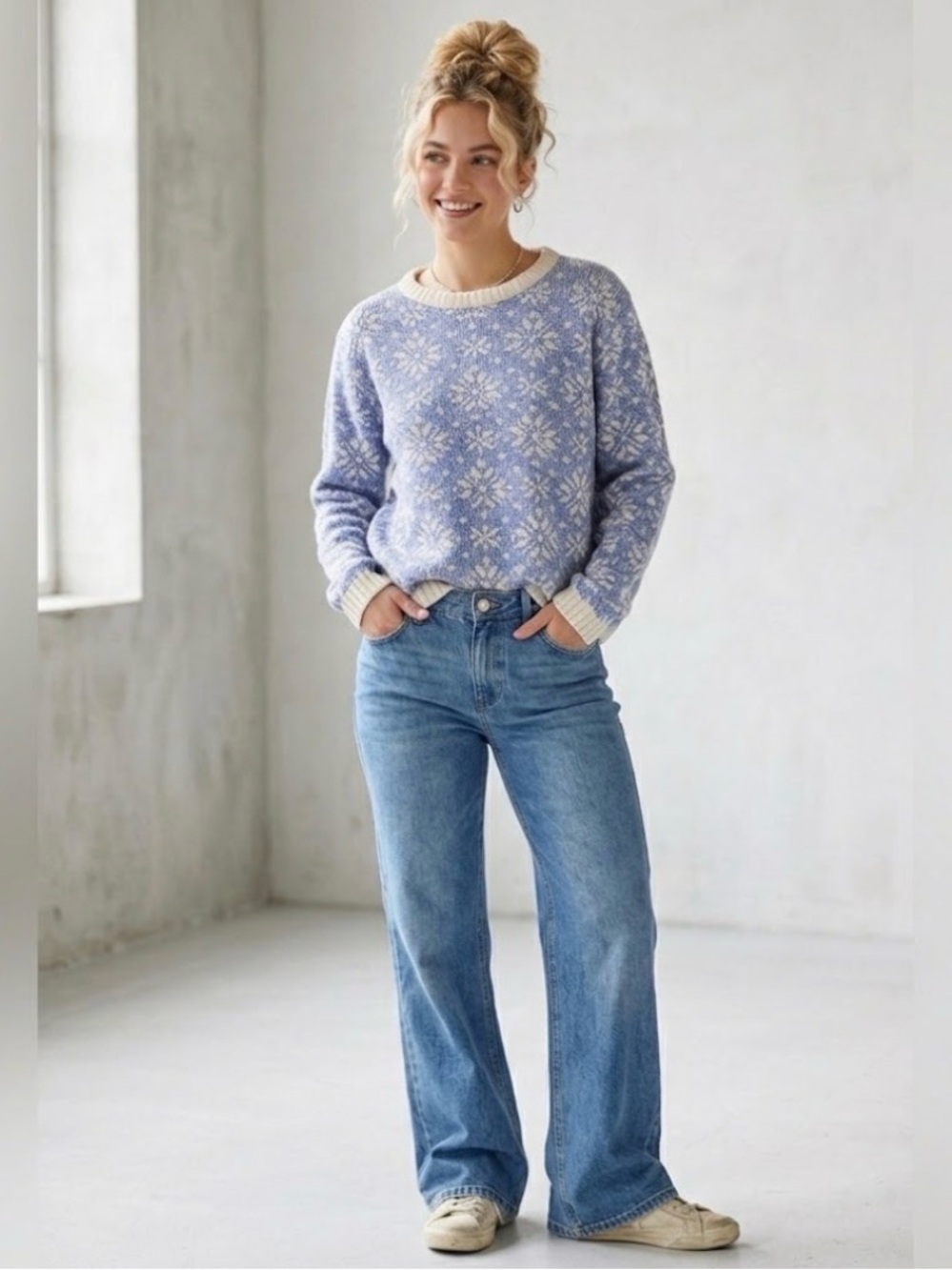 Vintage Binghamton Knitting Cotton Chunky Slub Knit Blue Snowflake Sweater Large